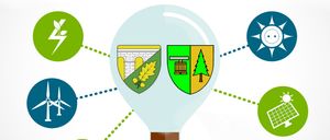 Eine Illustration einer Glühbirne mit Symbolen für Solar-, Wind- und Stromstecker darum herum. Zentral ein Schild mit Brücke und Bäumen.