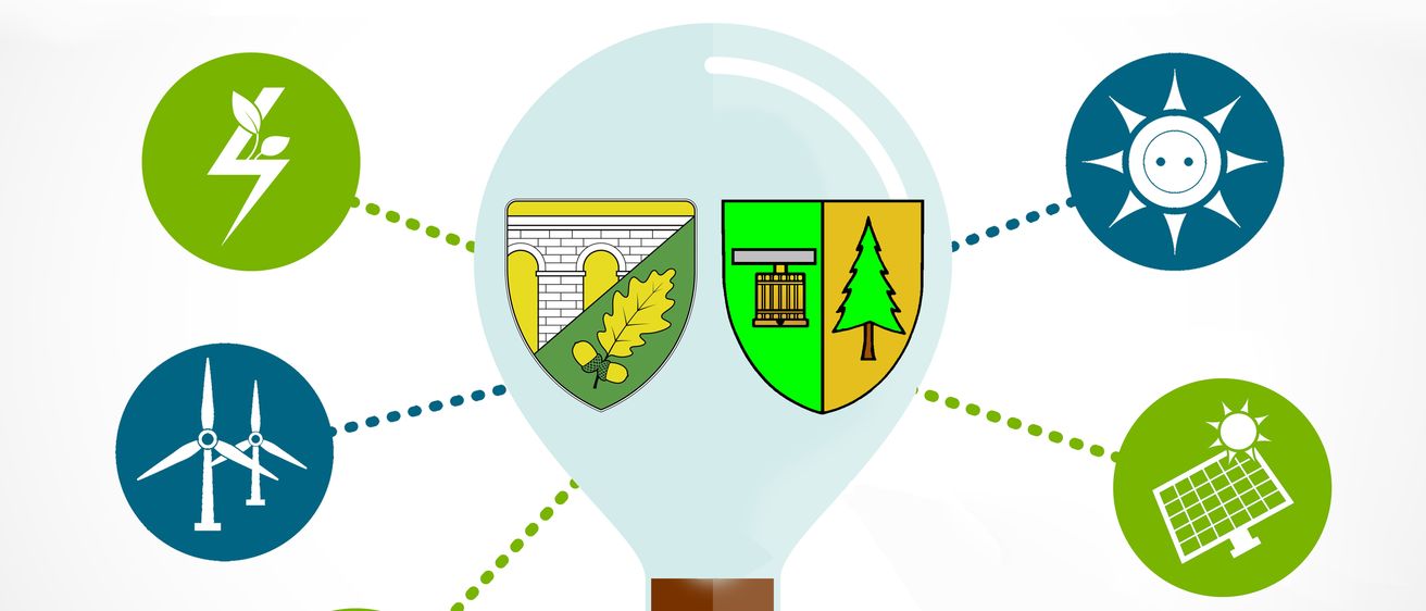Eine Illustration einer Glühbirne mit Symbolen für Solar-, Wind- und Stromstecker darum herum. Zentral ein Schild mit Brücke und Bäumen.