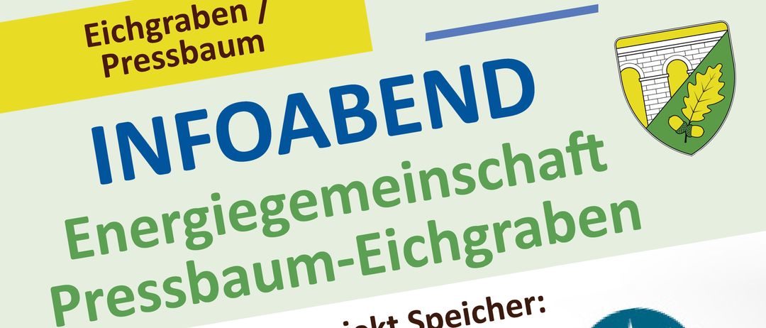 Plakat über Energiegemeinschaft und Baumpflanzung. Es hebt das Zukunftsprojekt des Batteriespeichers, die intelligente Nutzung und keine Anmeldung erforderlich hervor. Es ist für den 13. April um 18 Uhr im Gemeindezentrum und am Pressebaum geplant.