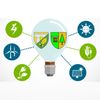 Eine Infografik einer Glühbirne mit einem Wappenschild in der Mitte. Verschiedene Symbole umgeben die Glühbirne und repräsentieren unterschiedliche Energiequellen.