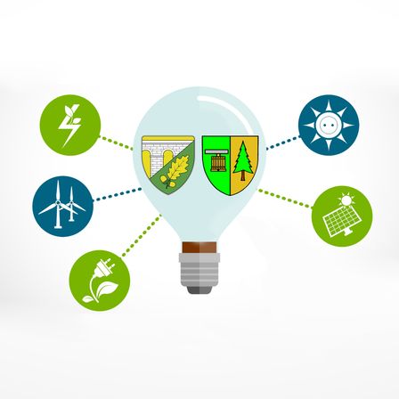 Eine Illustration einer Glühbirne mit verschiedenen grünen Symbolen darum herum, darunter eine Windturbine, ein Blatt, eine Sonne und ein Stecker. Die Glühbirne zeigt ein Wappen.