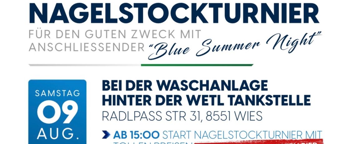 Plakat für eine Nagelstockturner-Veranstaltung mit vier Männern in traditioneller Kleidung und Musikinstrumenten. Es zeigt Hämmer und Nägel auf einem Baumstumpf. Geplant für Samstag, 9. August, in der Waschanlage.