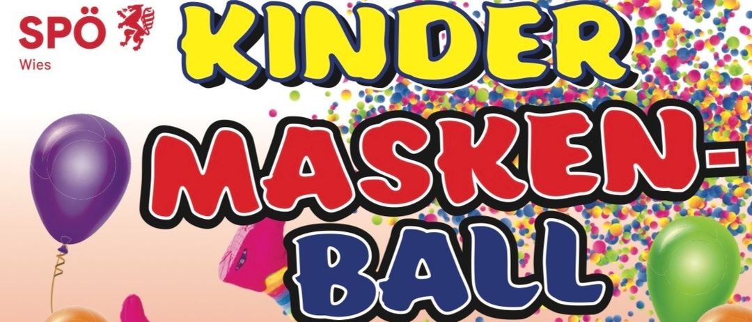 Plakat für eine Karnevalsveranstaltung mit dem Namen Masken Ball. Es zeigt ein Mädchen in bunten Socken und mit einem Luftballon. Die Veranstaltung findet am 7. Februar 2026 ab 15 Uhr statt.
