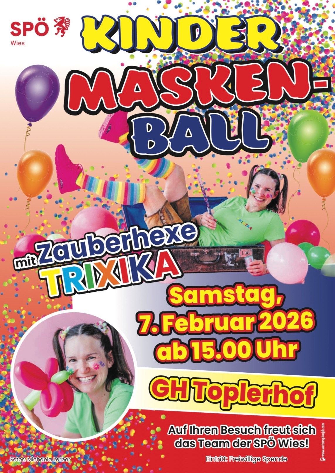 Plakat für Masken Ball mit Trixika, mit Luftballons und einem lächelnden Mädchen. Veranstaltung am Samstag, 7. Februar 2026, um 15:00 Uhr im GH Toplerhof.