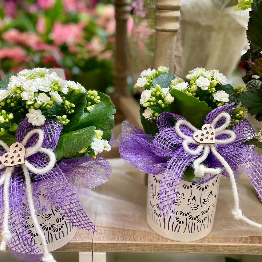 Zwei dekorative Blumenvasen mit weißen Blüten und lila Bändern stehen auf einem Holzregal. Die Vasen haben kunstvolle Muster und sind mit herzförmigen Schleifen gebunden.