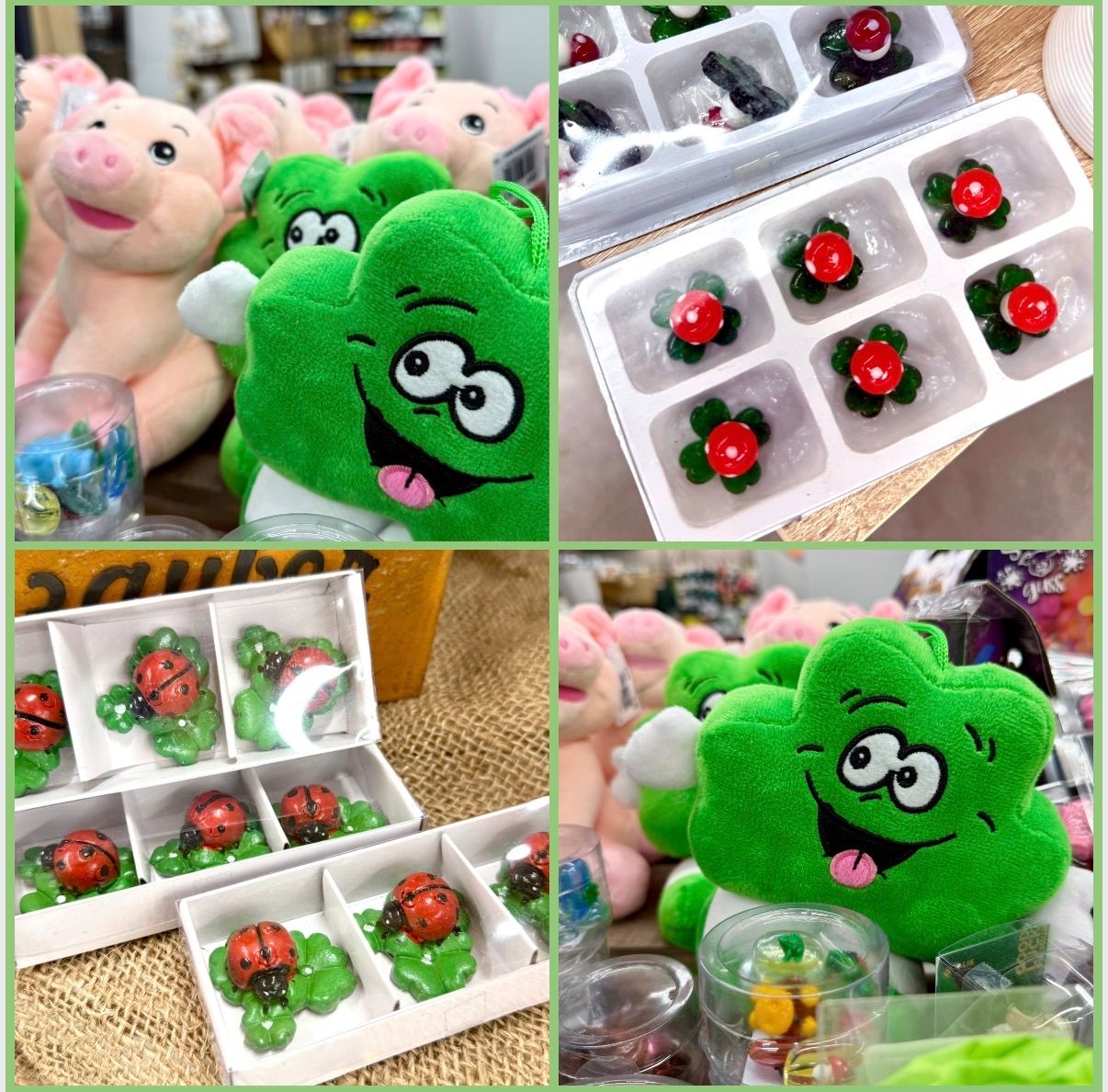 Eine Collage von Bildern, die verschiedene Artikel zeigt, darunter rosa Schweine, ein grüner Blatt-Plüschtier und rote Marienkäfer-Figuren in Plastikschalen. Andere Bilder zeigen verschiedene Süßigkeiten und eine gelbe Box.