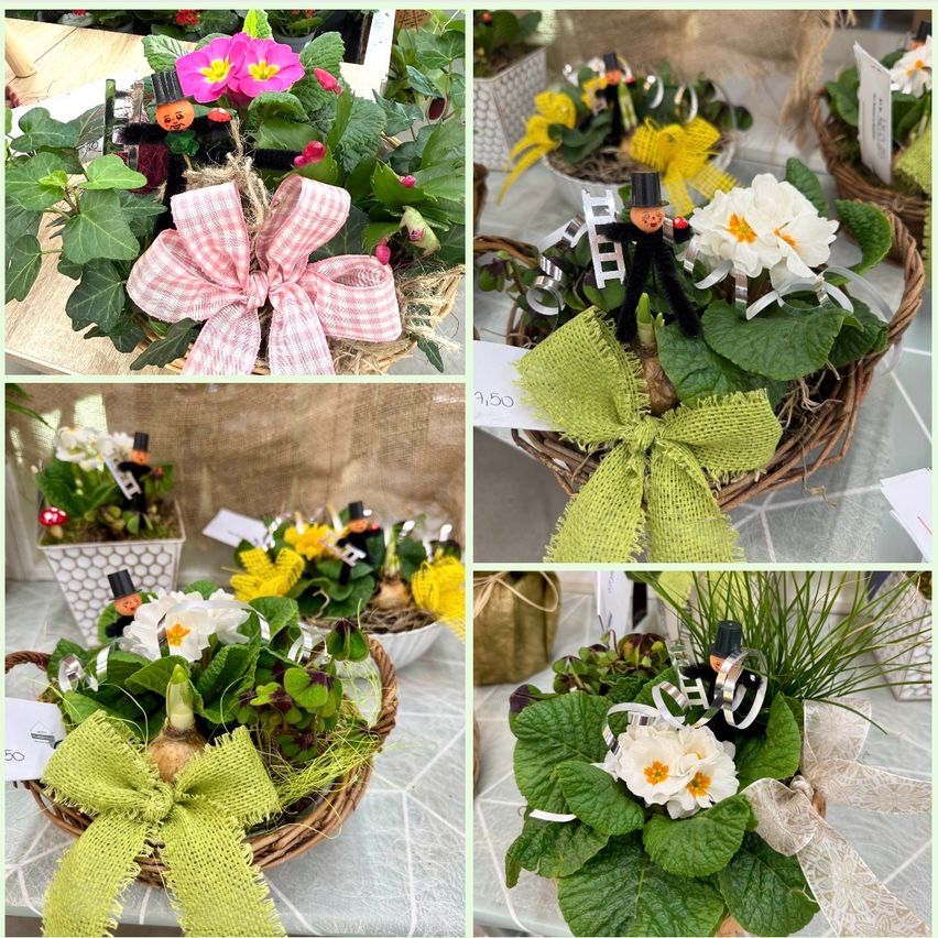 Ein Collage aus sechs Blumenarrangements in verschiedenen Körben. Jedes enthält Blumen und Pflanzen, einige mit Miniaturfiguren und dekorativen Elementen. Die Arrangements variieren in Farbe, von weiß und gelb bis hin zu pink und grün.