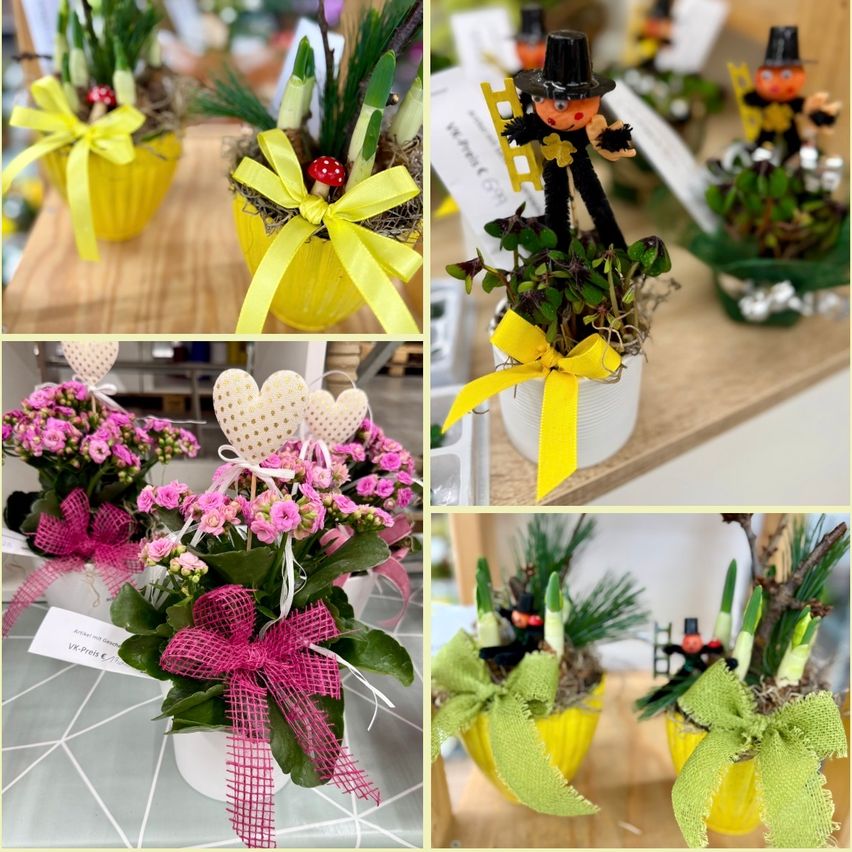 Eine Collage von Blumenarrangements, jedes einzigartig mit verschiedenen Blumen, Bändern und Ornamenten. Oben links gelbe Blumen in einer Vase, oben rechts eine Zwergenfigur, unten links rosa Blumen mit Herzen und unten rechts grüne Blumen.