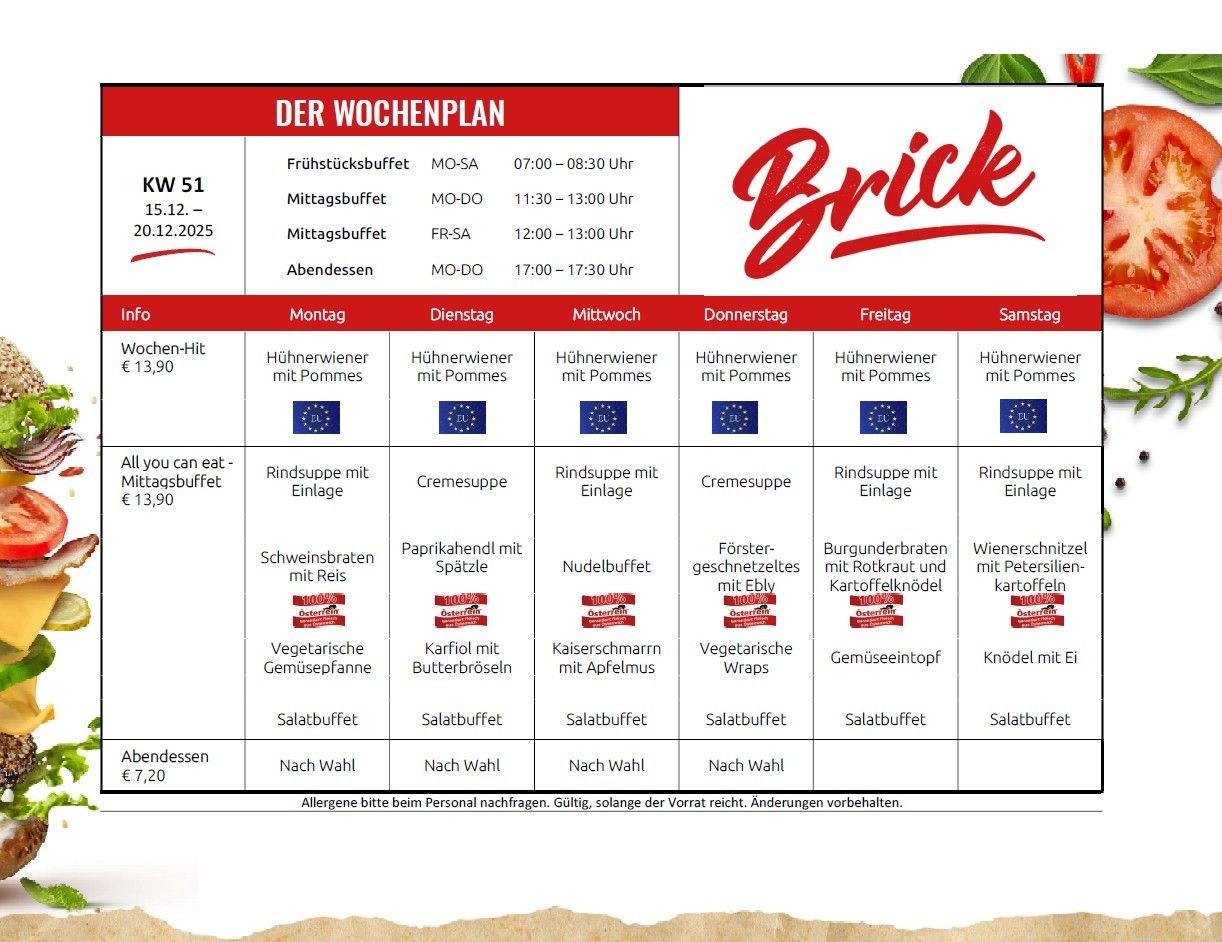 Woche 51 Plan. Frühstücksbuffet 7:00-8:30, Mittagsbuffet 11:30-13:00, Mittagsbuffet 12:00-13:00, Abendessen 17:00-17:30. Das Menü umfasst Hühnergerichte, Suppen, Hauptgerichte und Desserts. Bitte beachten Sie Allergien beim Bestellen.