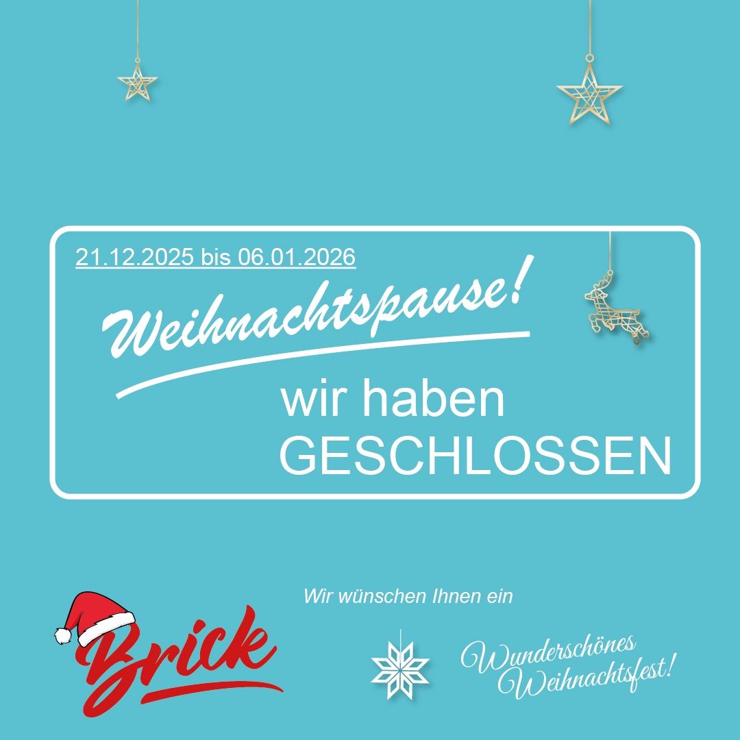 Weihnachtspause-Hinweis mit blauem Hintergrund, versehen mit einem Rentier, Sternen und Schneeflocken. Es steht 'Weihnachtspause' und 'Wir haben geschlossen' vom 21.12.2025 bis 06.01.2026. Unten befinden sich Logos und ein Wunsch für ein wundervolles Weihnachtsfest.