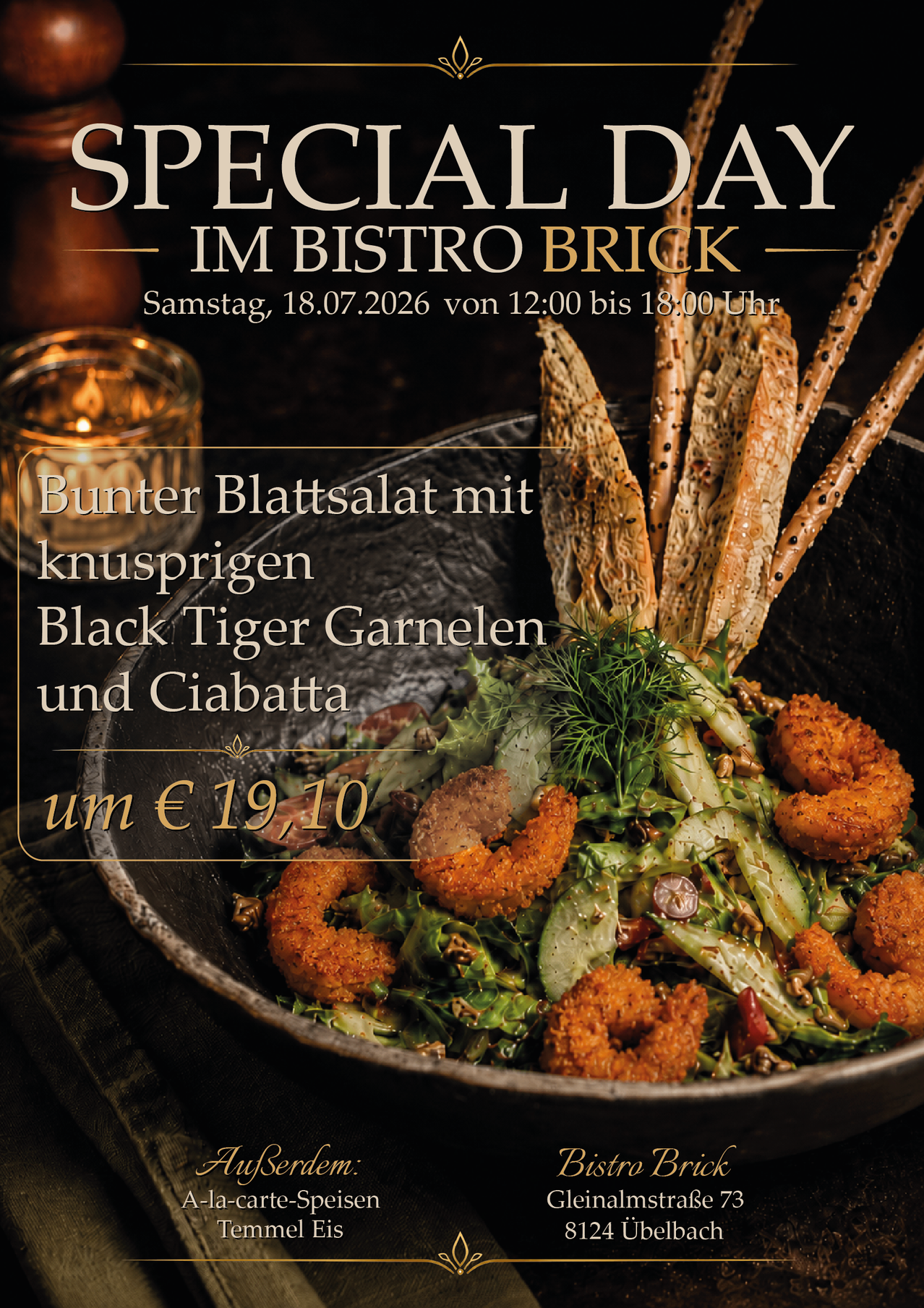 A bowl of salad with shrimp, lettuce, and croutons, priced at 19.10 euros, with a candle in the background. The text reads 'Special Day in Bistro Brick'.