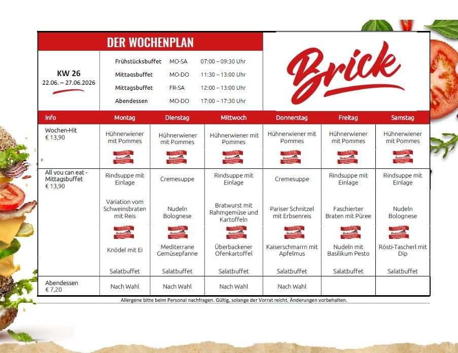 Wöchenlicher Speiseplan für ein Restaurant mit verschiedenen Mahlzeiten und Preisen, die für jeden Wochentag aufgeführt sind.