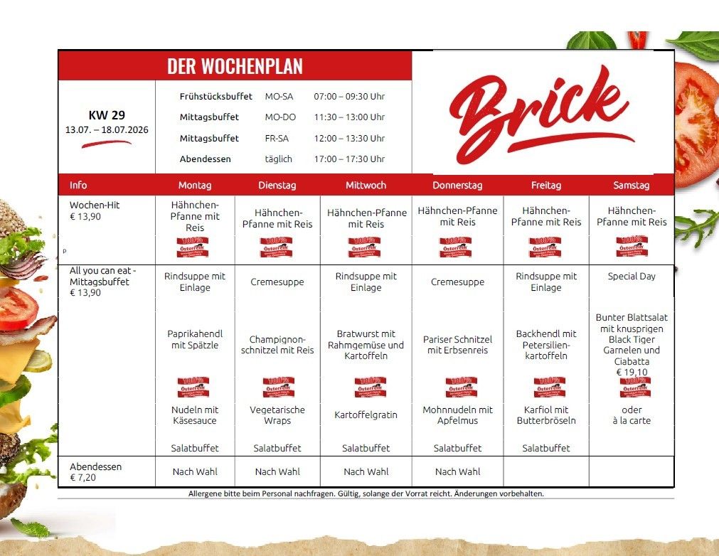 Weekly menu for the period 07.07.2026 - 18.07.2026, featuring breakfast, lunch, and dinner times, along with daily meal options and prices.