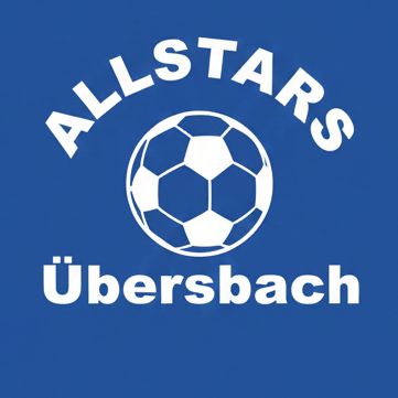 Auf einem blauen Hintergrund ist ein Fußballlogo mit 'ALLSTARS' oben und 'Ubersbach' unten zu sehen.