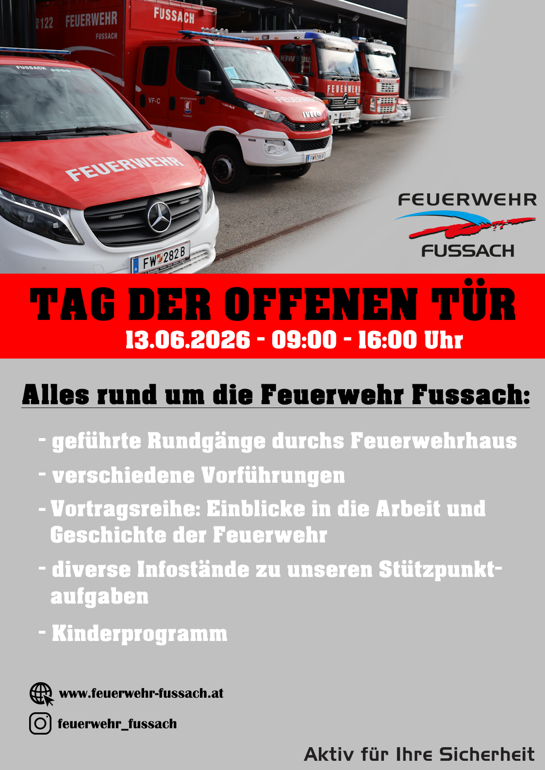 Werbeplakat für den Tag der offenen Tür bei der Feuerwehr Fusach am 13.06.2026 von 09:00 bis 16:00 Uhr. Es beinhaltet geführte Rundgänge, verschiedene Vorführungen, Vorträge und Informationen zu ihren Stützpunktaufgaben.