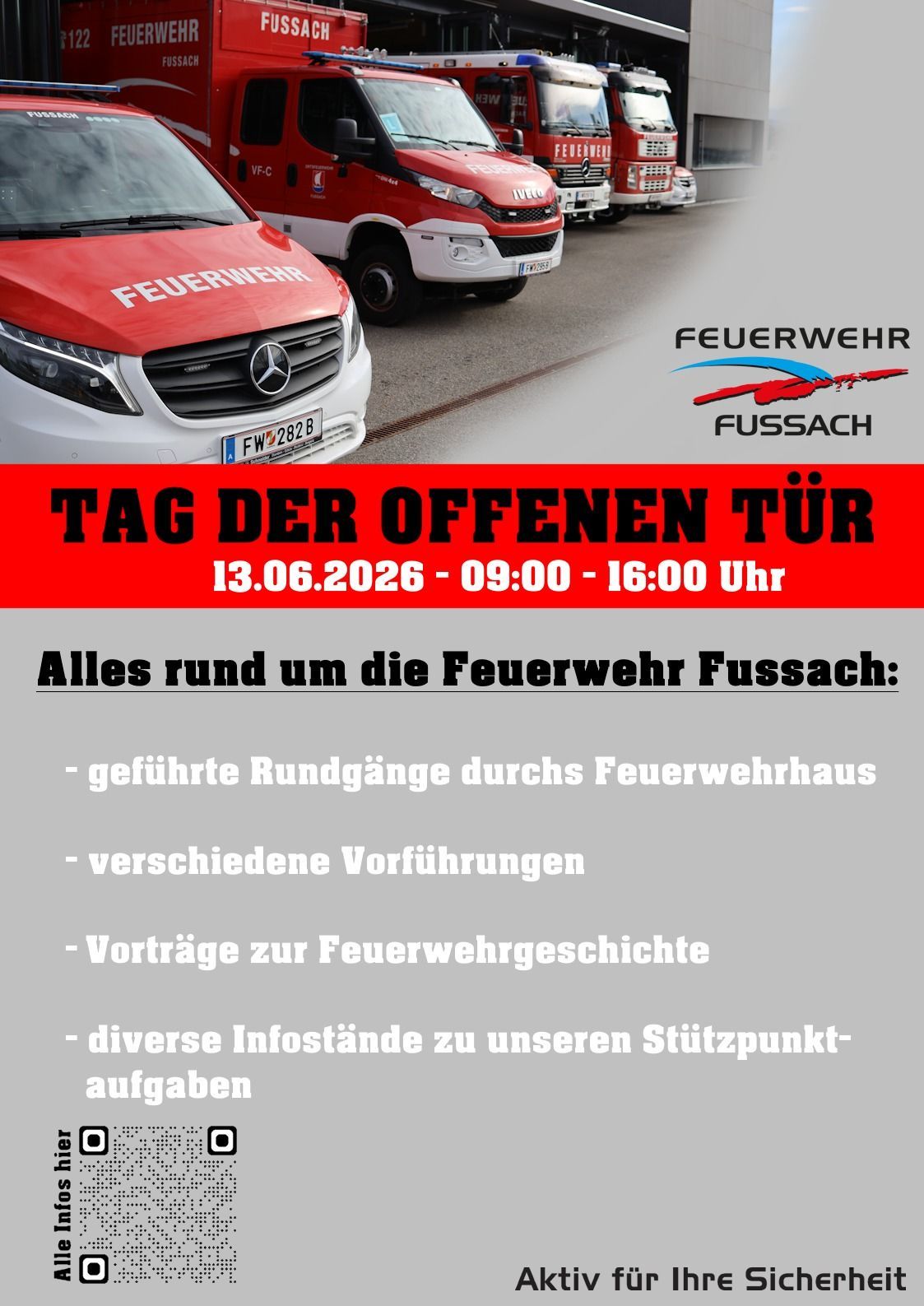Werbeposter für die Feuerwehr mit einem Feuerwehrwagen. Die Veranstaltung heißt Tag der offenen Tür, Datum 13.06.2026, Zeit 09:00-16:00. Aktivitäten umfassen geführte Rundgänge durchs Feuerwehrhaus, verschiedene Vorführungen, Vorträge zur Feuerwehrgeschichte und verschiedene Aufgaben unseres Unterstützungspunktes.