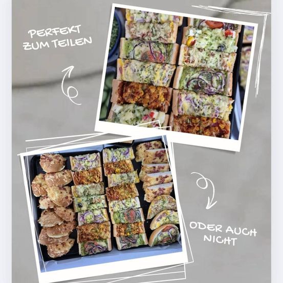 Eine Collage verschiedener Sandwiches und Wraps, ordentlich in Tabletts angeordnet, mit den Etiketten 'PERFEKT ZUM TEILEN' und 'ODER AUCH NICHT'. Die Sandwiches haben verschiedene Beläge wie Gemüse, Fleisch und Käse.