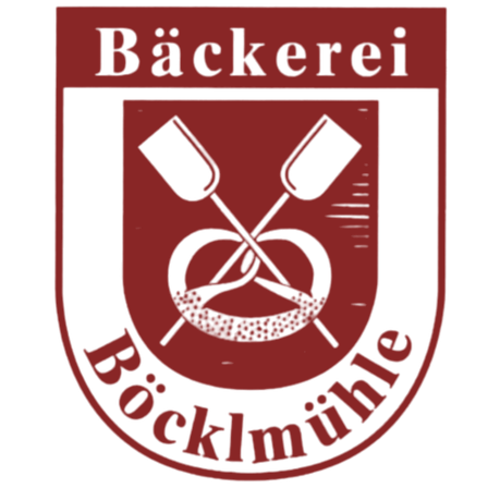 Das Logo zeigt einen roten Schild mit zwei gekreuzten Messern und einem Stück Brot, alles in Schwarz. Das Wort 'Backerei' steht in Weiß oben. 'Backmühle' steht in Rot unten.