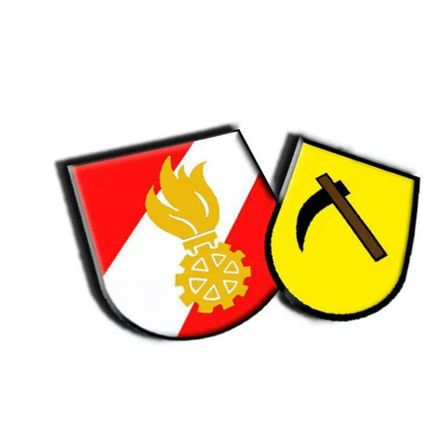 Zwei Embleme: eines mit rotem und weißem Hintergrund mit einer gelben Flamme und Zahnrad, und ein weiteres mit gelbem Hintergrund und schwarzem Spitzhacke.