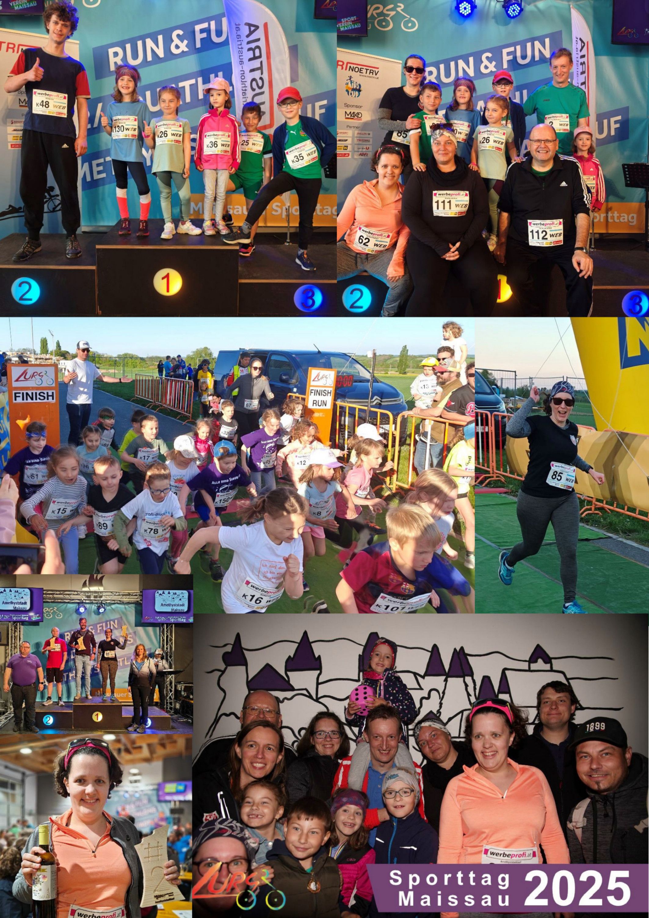 Eine Collage verschiedener Szenen von einem Spaßlauf-Event. Bilder zeigen Läufer auf einer Bühne, Teilnehmer an der Ziellinie und Gruppen von Läufern am Start. Es gibt auch Bilder von Menschen, die das Rennen beobachten und feiern.