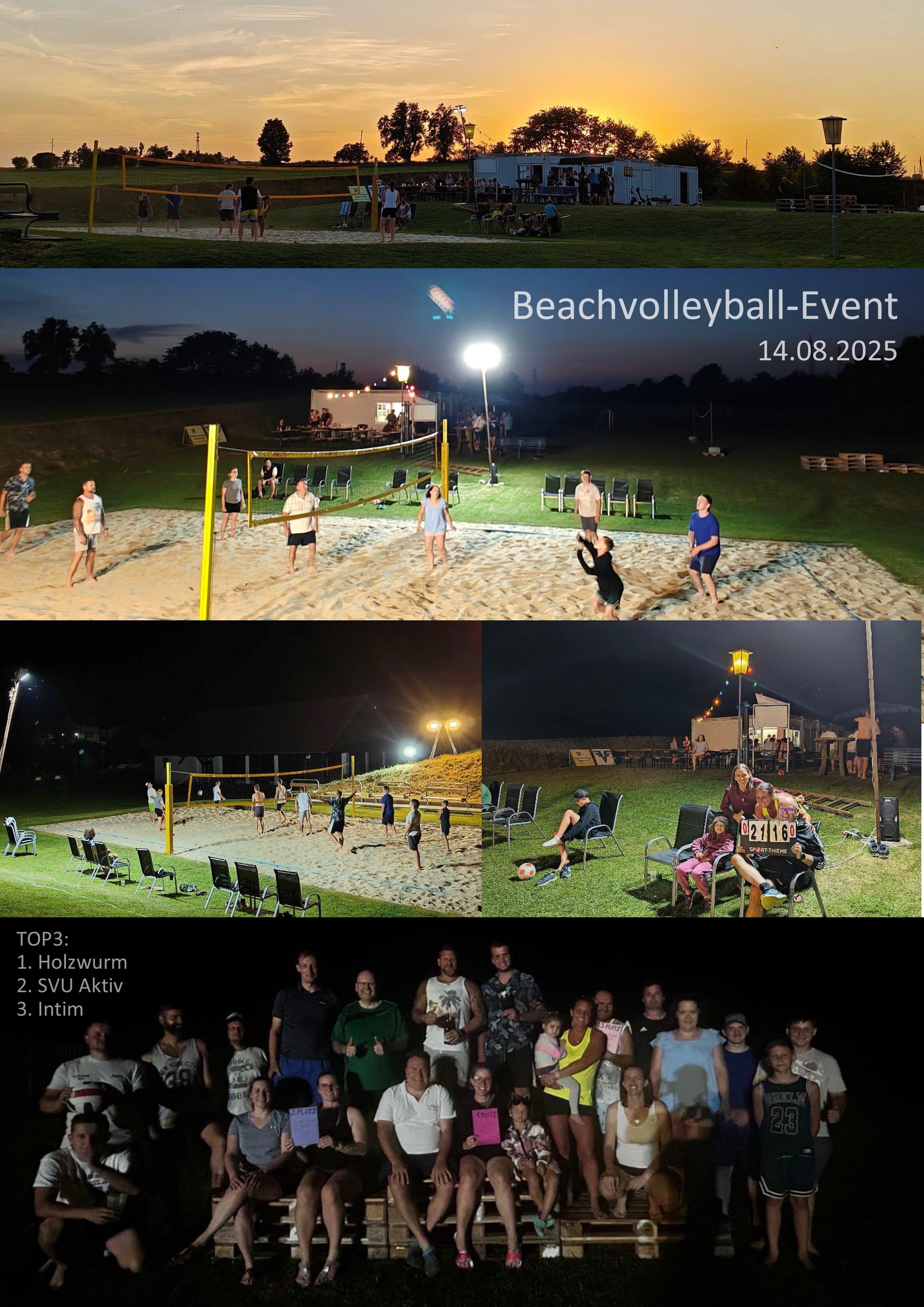 Drei Bilder zeigen ein Beachvolleyball-Event am 14.08.2025. Spieler in Aktion auf sandigen Feldern, Zuschauer auf Stühlen und ein Gruppenfoto mit Platzierungen.