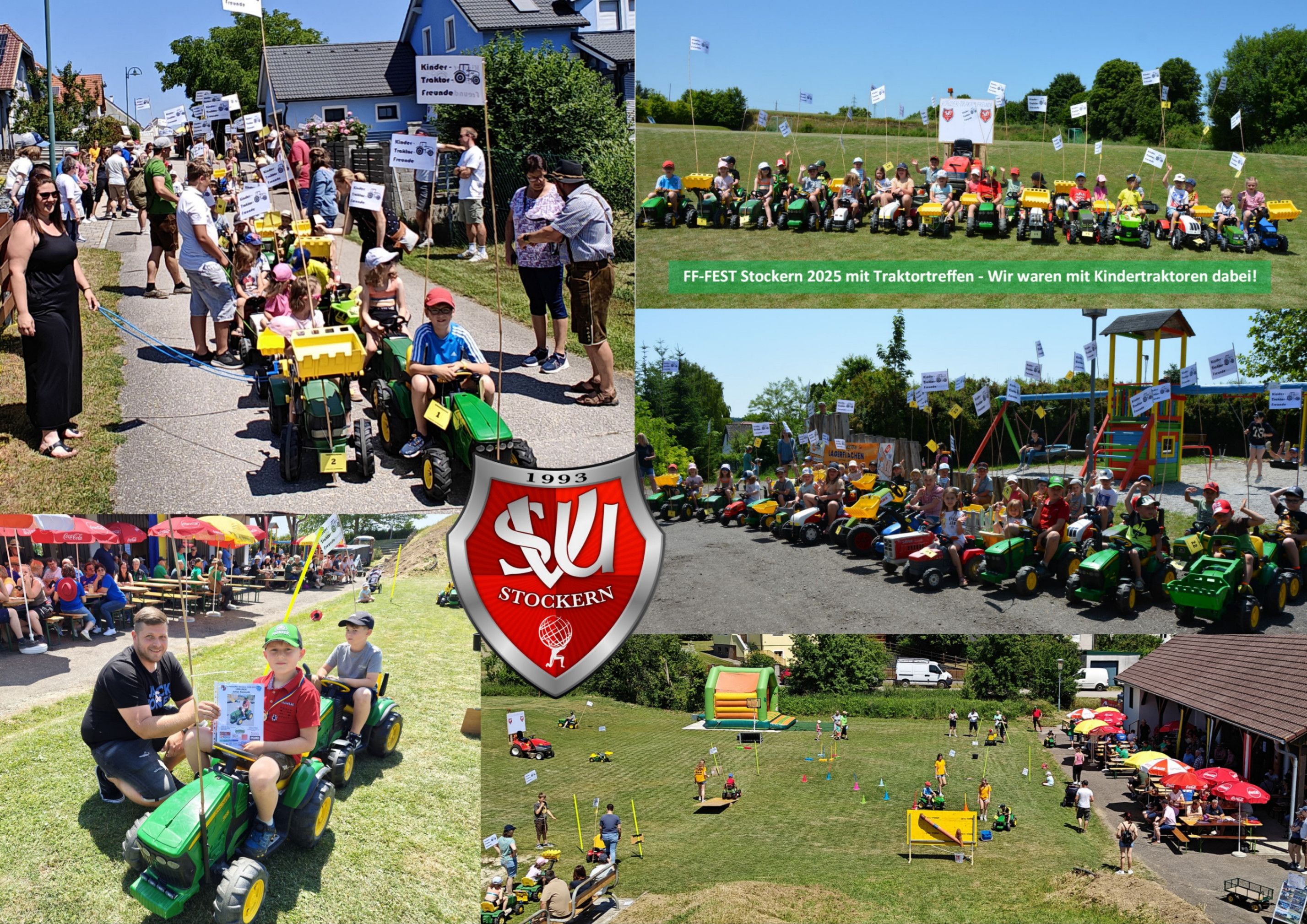 Eine Collage von Bildern zeigt Kinder, die Traktoren auf einem Festival fahren. Verschiedene Aufnahmen zeigen Kinder auf Traktoren, Banner und ein Feld. Das zentrale Bild zeigt ein Logo mit dem Text SU Stockern.
