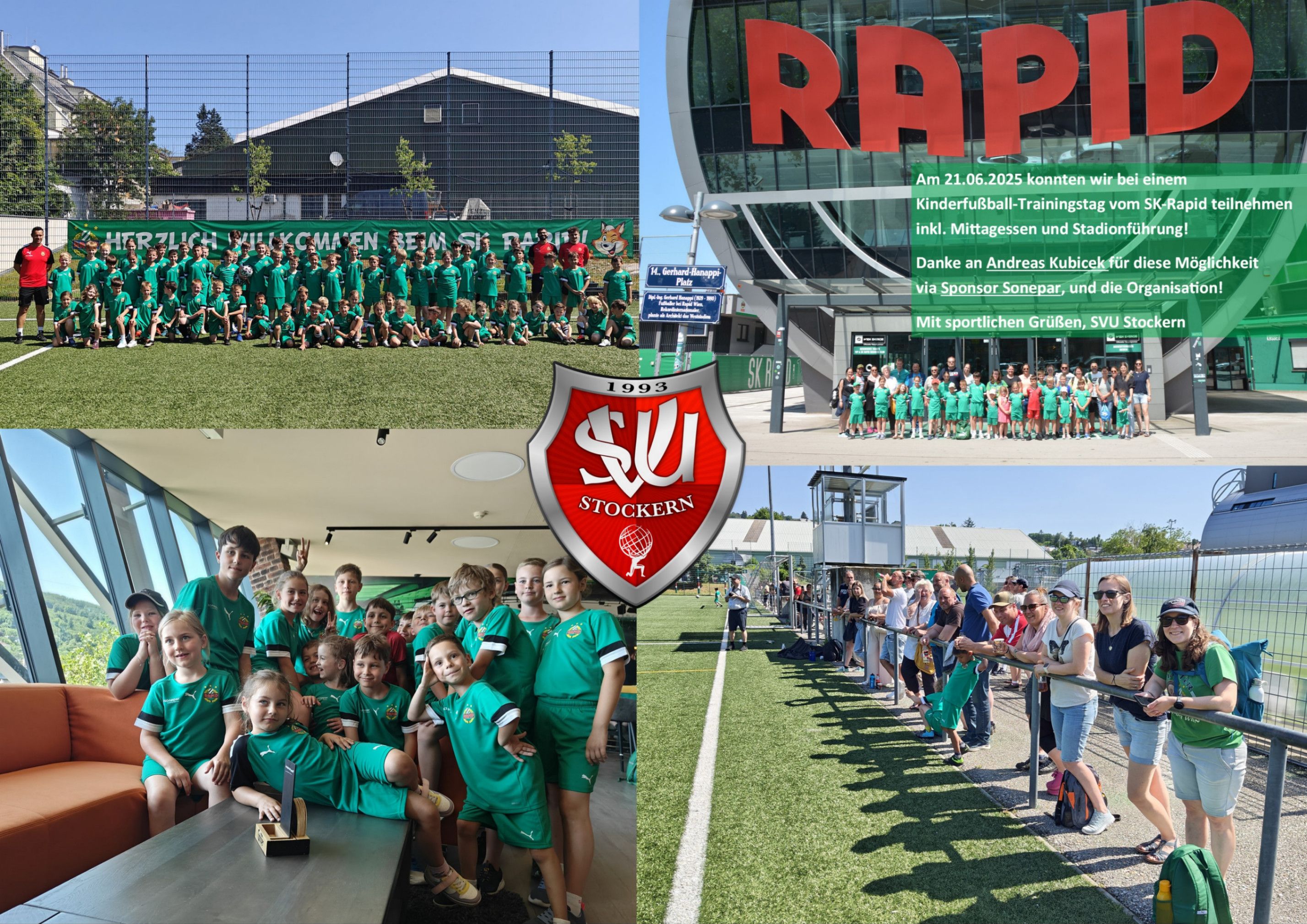 Eine Collage von Bildern, die Kinder in grünen Uniformen, ein Sportfeld, ein großes Gebäude mit dem Wort RAPID und Erwachsene zeigt, die ein Spiel beobachten.