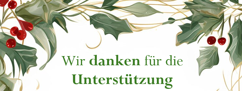 Eine Illustration mit roten Beeren und grünen Blättern, mit dem Text 'Wir danken für die Unterstützung' in der Mitte. Der Hintergrund ist weiß.