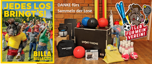 Eine Collage mit Sportgeräten und Menschen zeigt eine schwarze Box mit der Aufschrift 'Sport-Theme', verschiedene Bälle, eine Bowlingkegel und eine Ziegelwand.