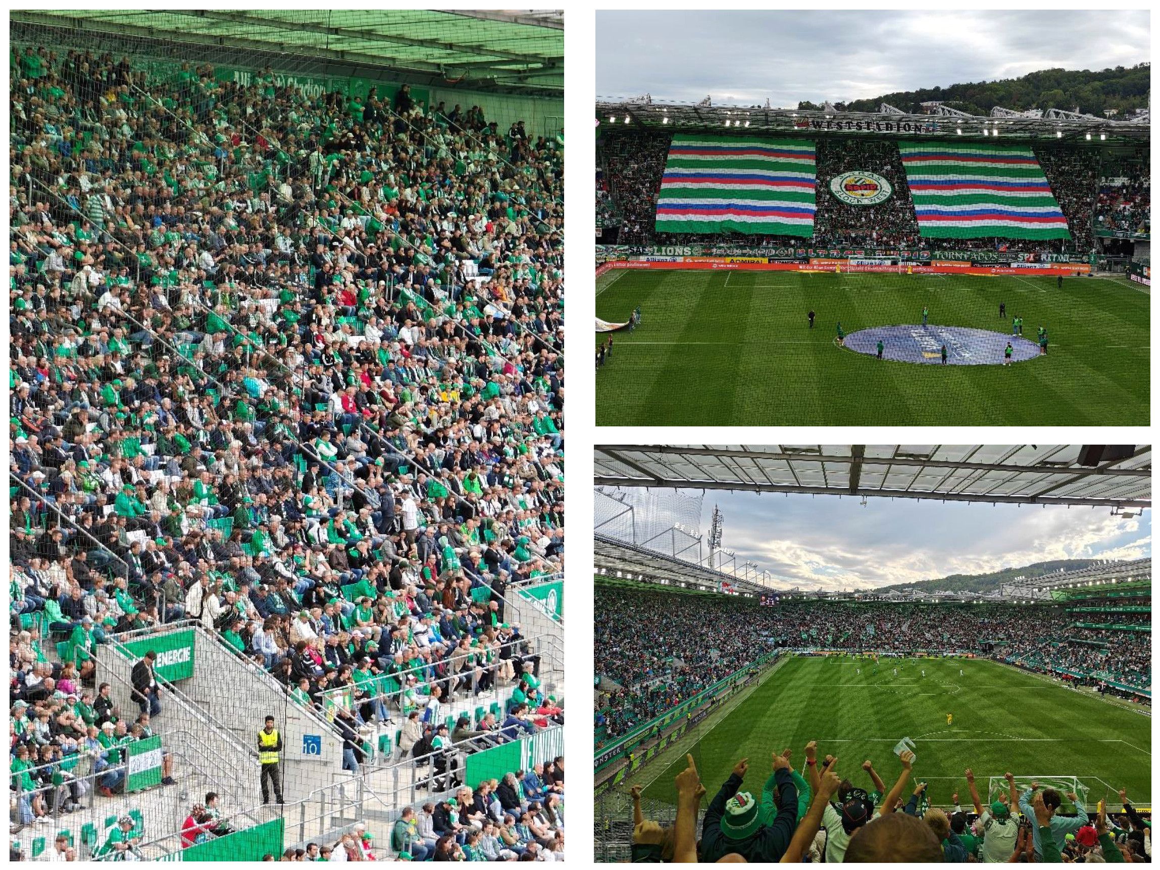 Ein volles Stadion mit Fans in Grün, ein Banner mit Logo, ein Fußballfeld und feiernde Menschen.