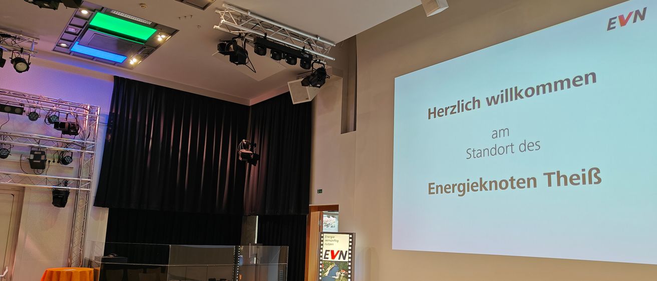 Eine Präsentationsfolie mit den Titeln 'Herzlich' und 'Energie' wird an einer Wand mit schwarzen Vorhängen angezeigt. Scheinwerfer und Lautsprecher sind an der Decke montiert. Eine Tür befindet sich auf der linken Seite.