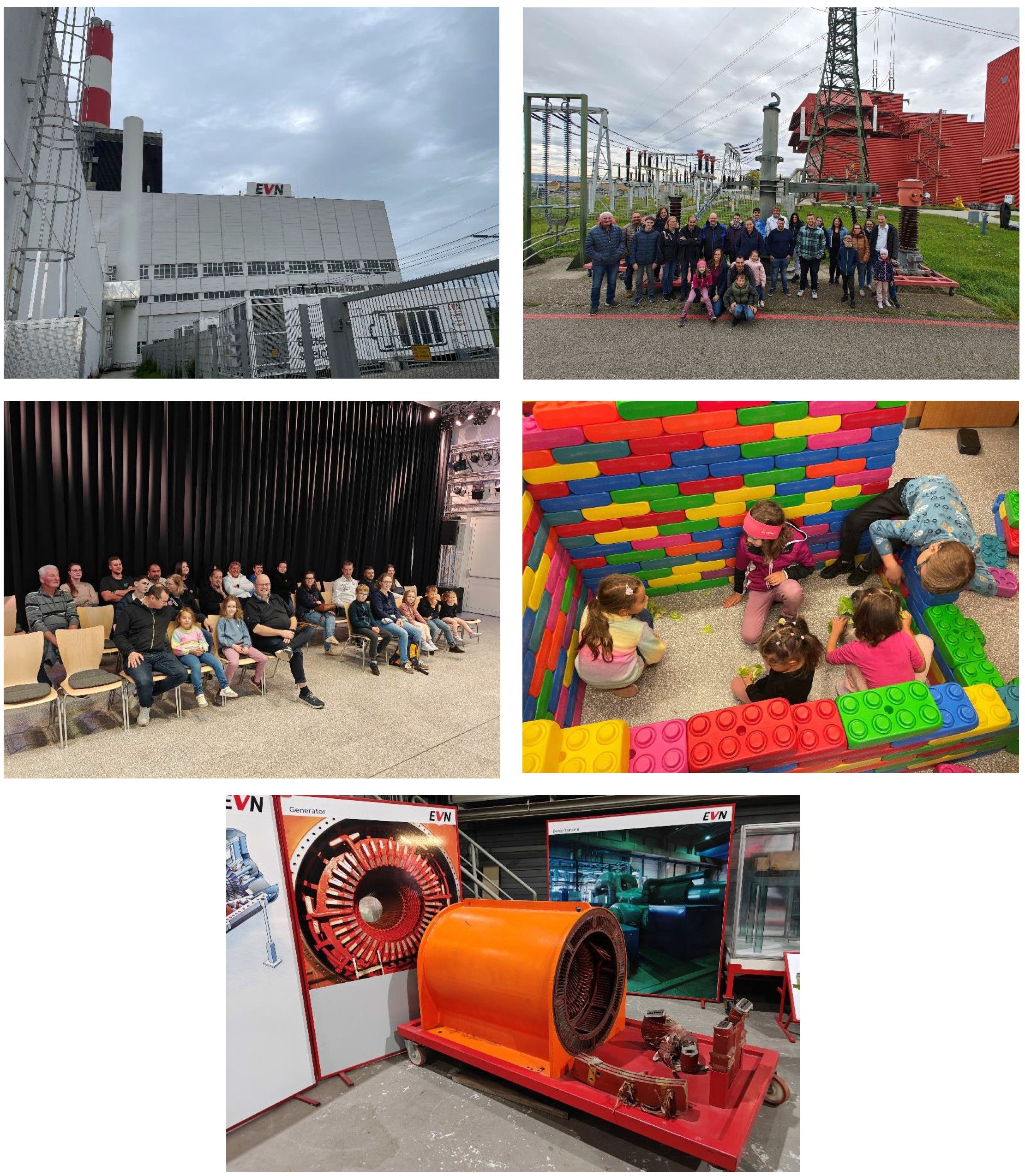 Eine Collage aus vier Bildern: ein großes Kraftwerk, eine Gruppe, die vor einem roten Gebäude für ein Foto posiert, eine Versammlung in einem dunklen Raum und eine farbenfrohe Ziegelmauer, an der Kinder spielen.