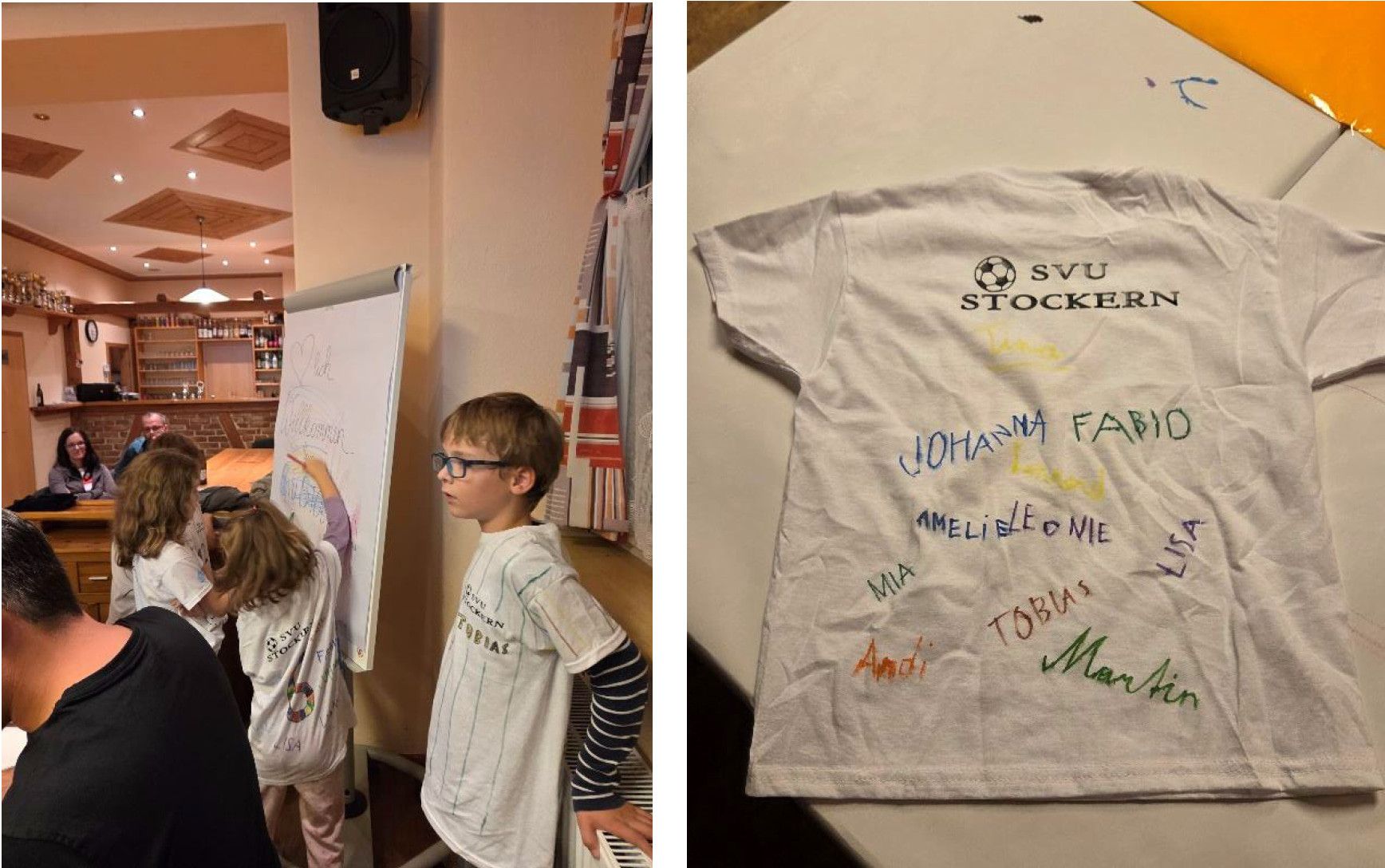 Zwei Kinder stehen in einem Raum. Eines schreibt auf eine Tafel, während das andere sie ansieht. Ein Lautsprecher ist an der Wand montiert.