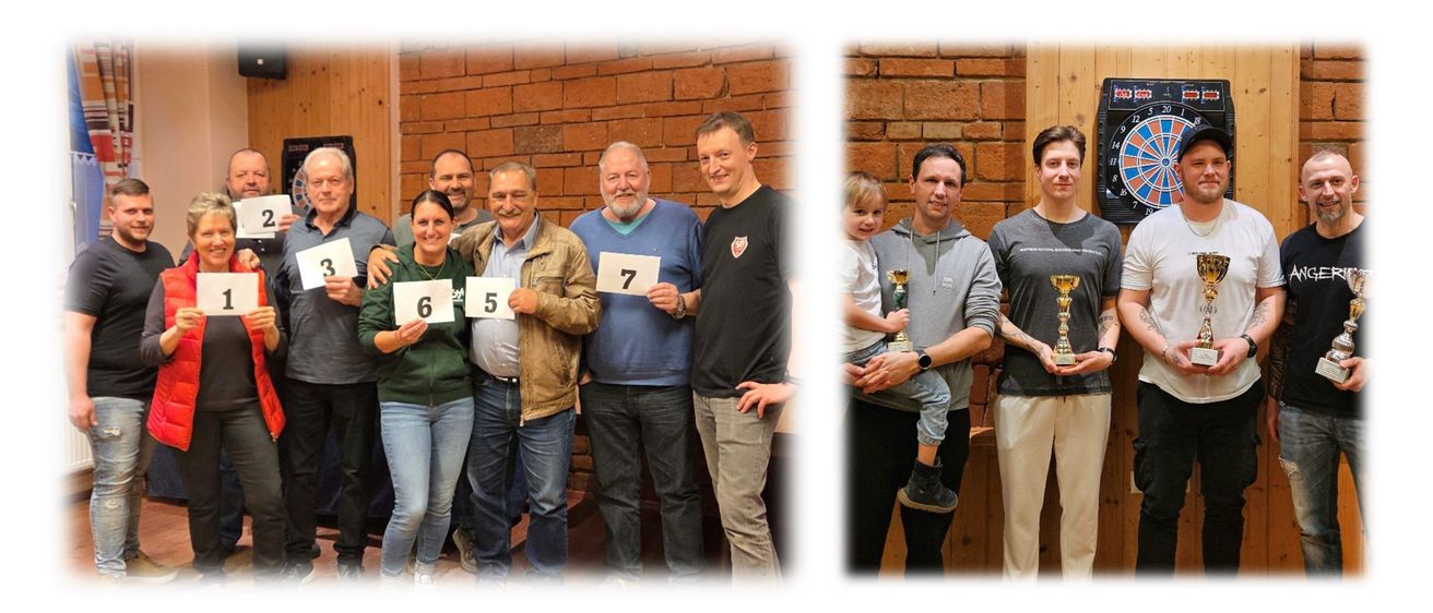 Zwei Gruppen von Menschen posieren mit den Nummern 6, 5 und 7 für Fotos. Eine Gruppe hält eine Trophäe und ein junges Mädchen.