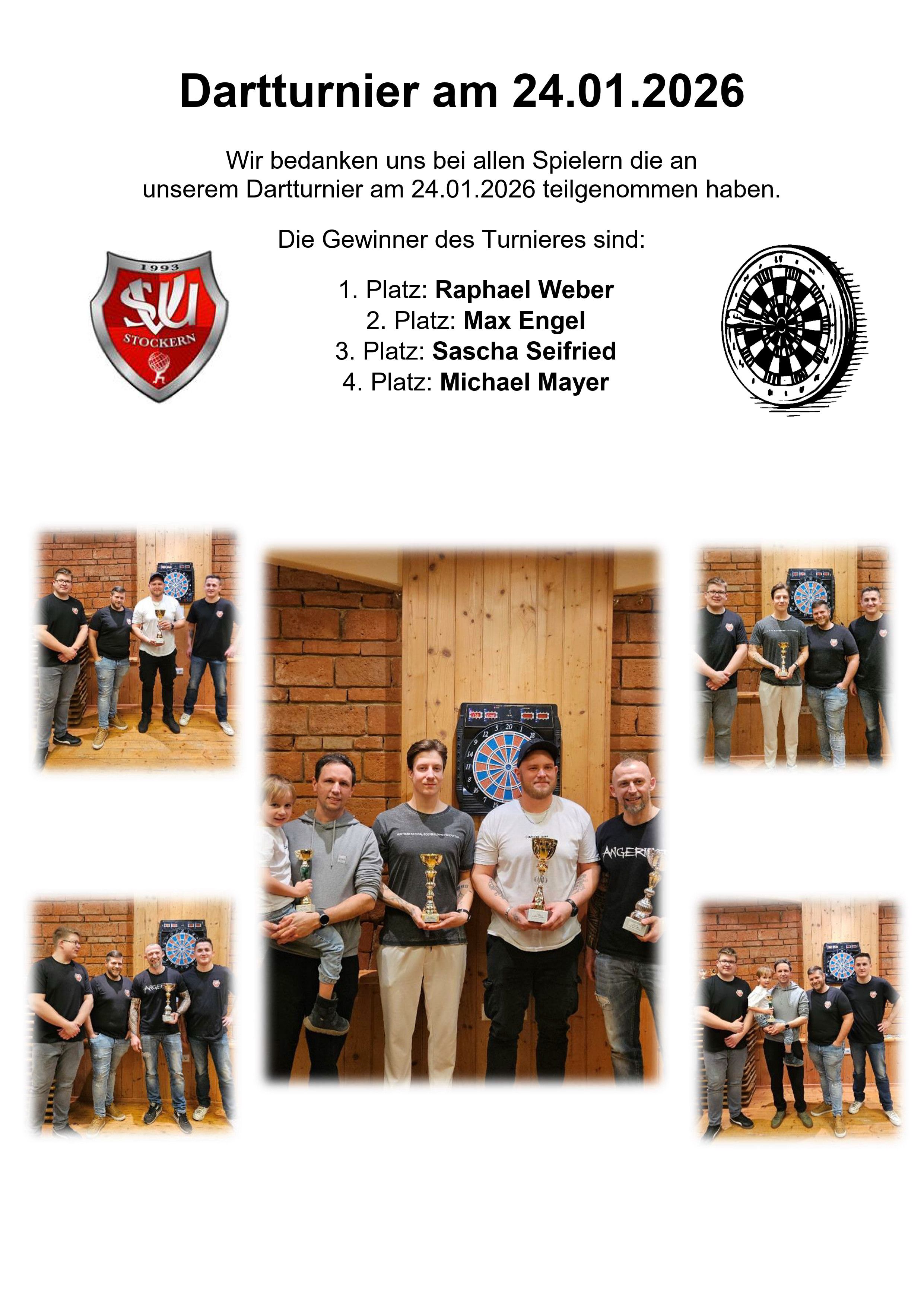 Das Plakat zeigt die Top-Vier-Gewinner eines Dart-Turniers am 2. April 2020. Die Gewinner sind Raphael Weber, Max Engel, Sascha Seifried und Michael Mayer. Sie stehen mit ihren Trophäen da.