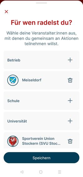 Eine weiße Seite hat vier Optionen. Die erste ist Betrieb mit einem Pluszeichen. Die zweite ist Meiseldorf mit einem Logo und einem Löschzeichen. Die dritte ist Schule mit einem Pluszeichen. Die letzte ist Universität mit einem Pluszeichen.