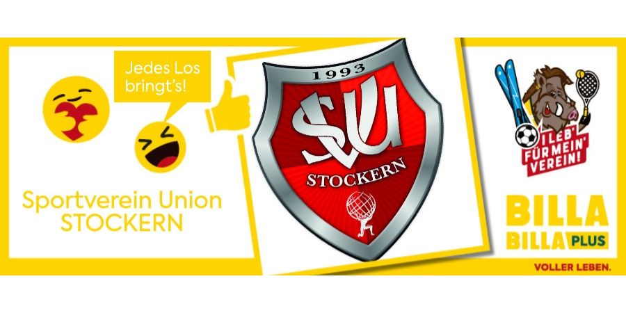 Bild des Logos des SU Stockern, ein Sportverein mit einem Schildemblem und Logos von Fußball und Skiausrüstung.
