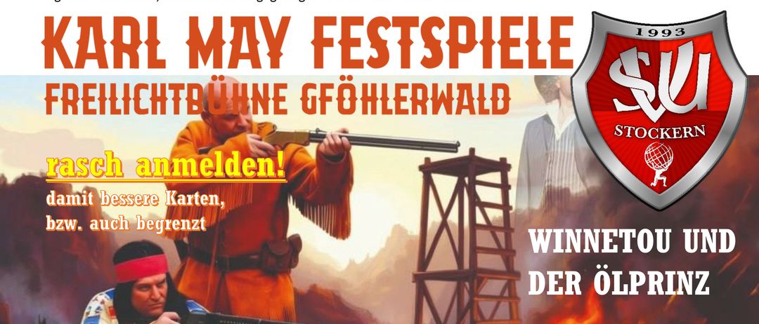 Plakat für Karl-May-Festspiele 2026. Zeigt Karl May, einen Mann mit einer Waffe, und einen Indianer, zusammen mit einem brennenden Haus und einem Turm.