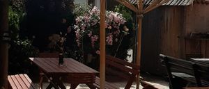 Ein Garten mit einer Holzbank und einem Tisch, bedeckt von einem beigen Regenschirm, mit einem Haus und Pflanzen im Hintergrund.