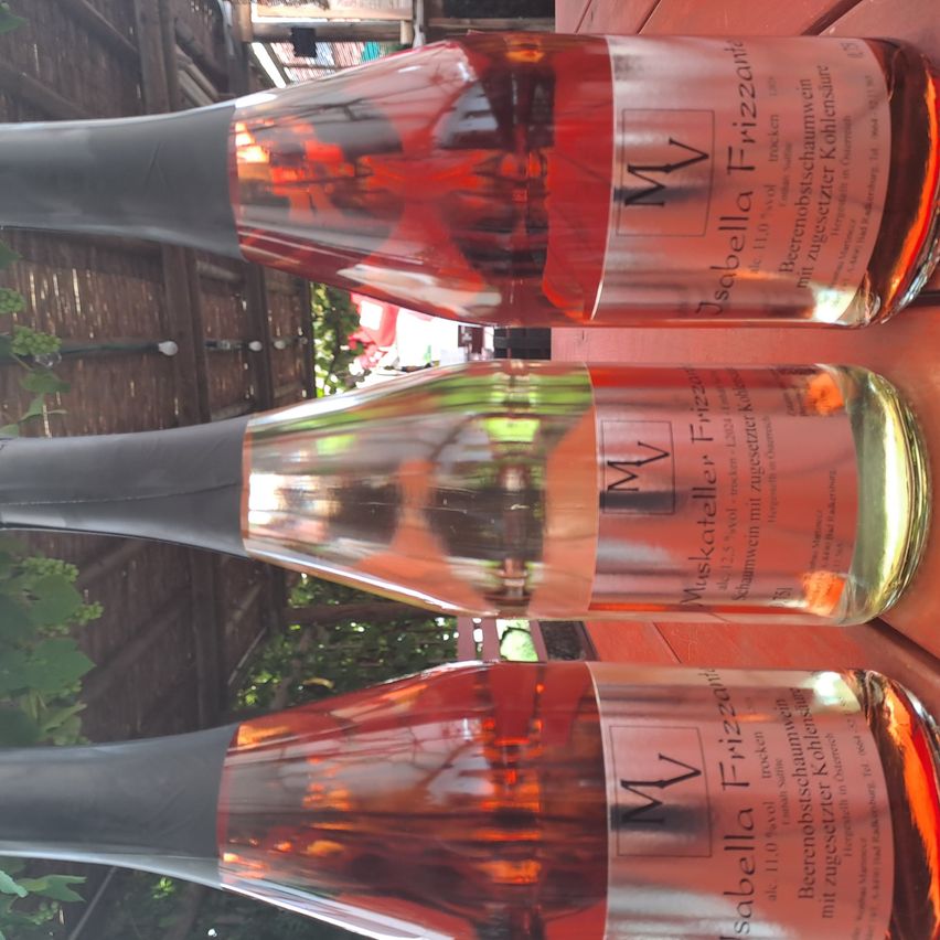 Drei Flaschen Wein sind auf einer Holzoberfläche ausgestellt. Die Flaschen sind mit roter Flüssigkeit gefüllt, und die Etiketten auf den Flaschen lauten 'Sabella Frizzante' und 'Muskatteller Frizzante'.