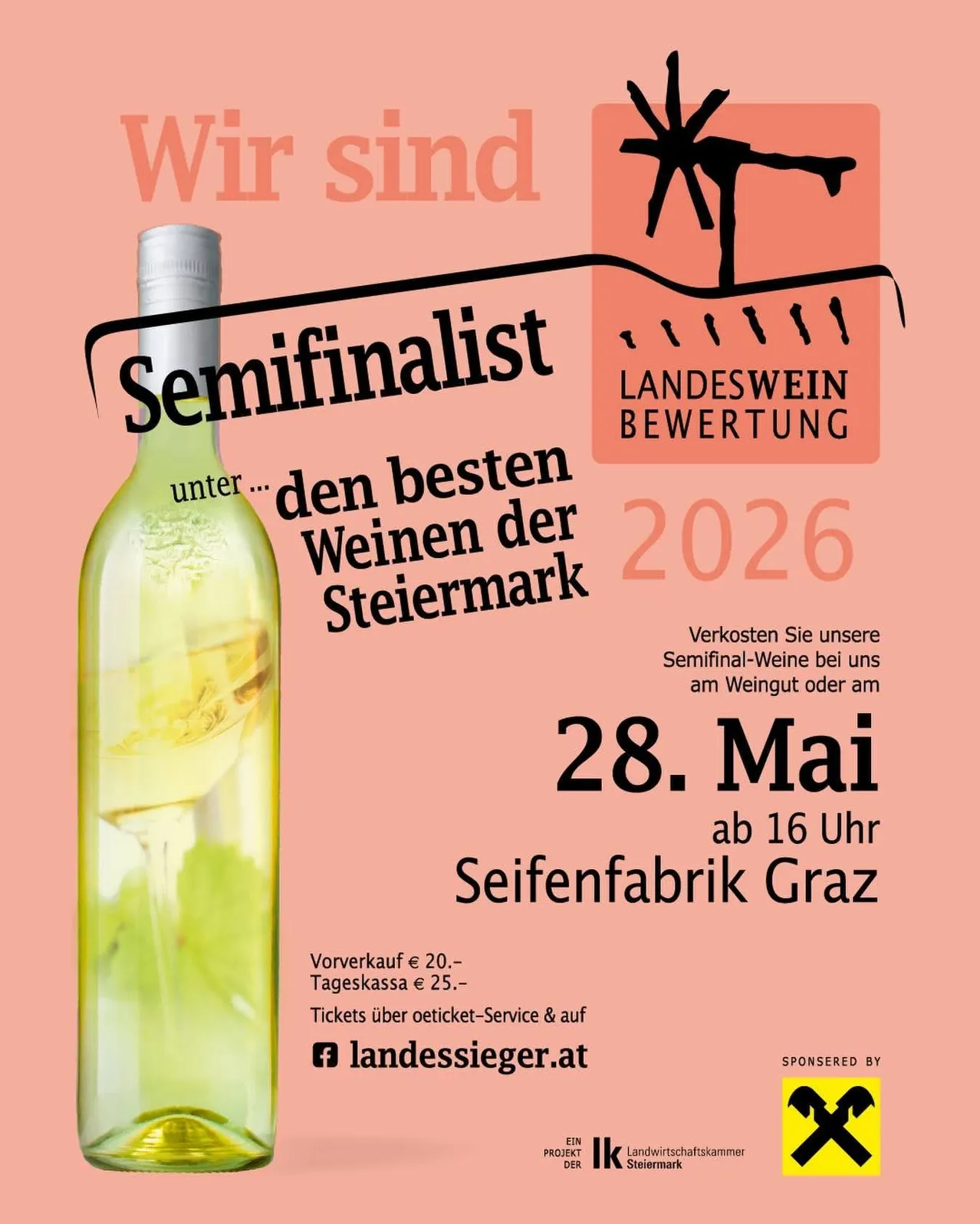 Werbeplakat für das Halbfinale von Landeswein Bewertung 2026. Ein Weinflasche wird gezeigt, mit Details zum Veranstaltungsdatum und zur Uhrzeit.