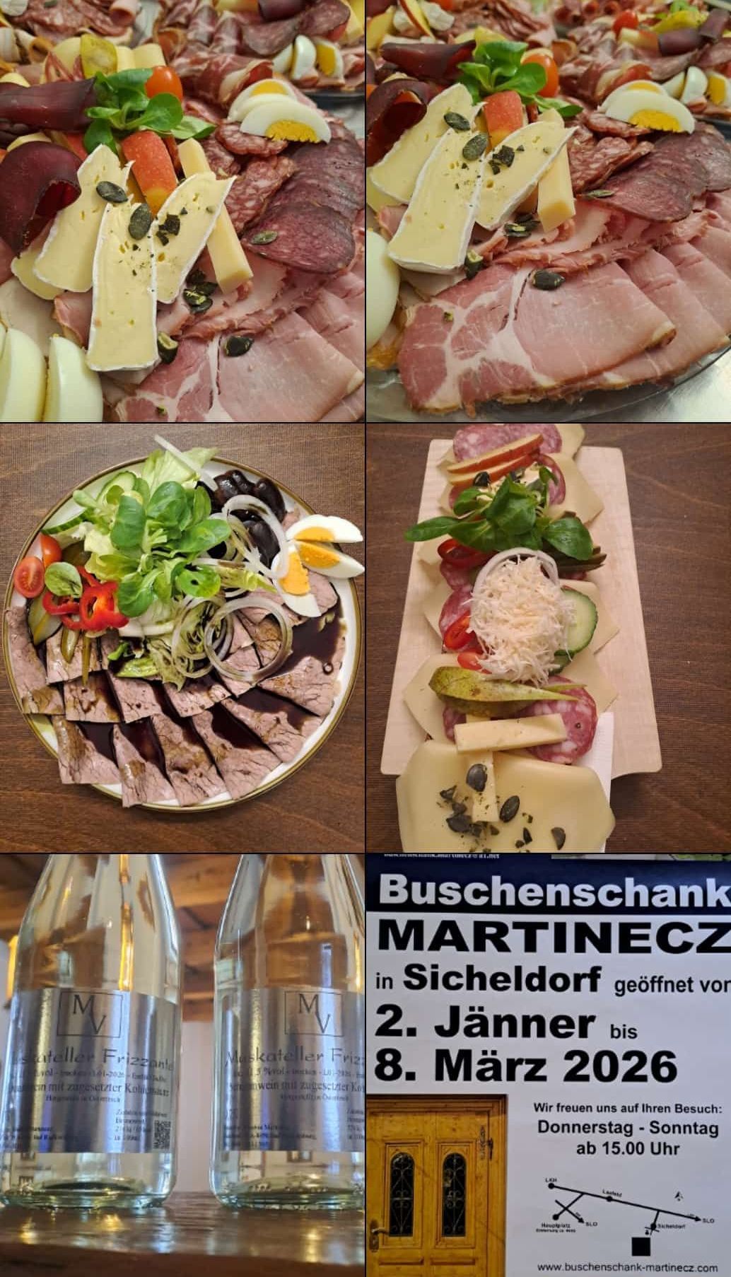 Vier verschiedene Teller mit Essen auf einem Holztisch. Oben links ist Fleisch mit Käse. Oben rechts ist Fleisch mit Käse und Pfeffer. Unten links ist ein Salat mit Eiern und Gemüse. Unten rechts ist eine Käseplatte mit Fleisch und Gemüse.
