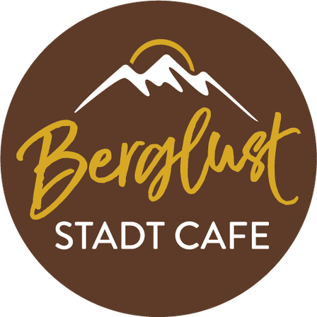 A logo for Berglust Stadt Cafe, featuring a stylized mountain peak with a sun in the background. The text 'Berglust' is in yellow and 'Stadt Cafe' is in white.