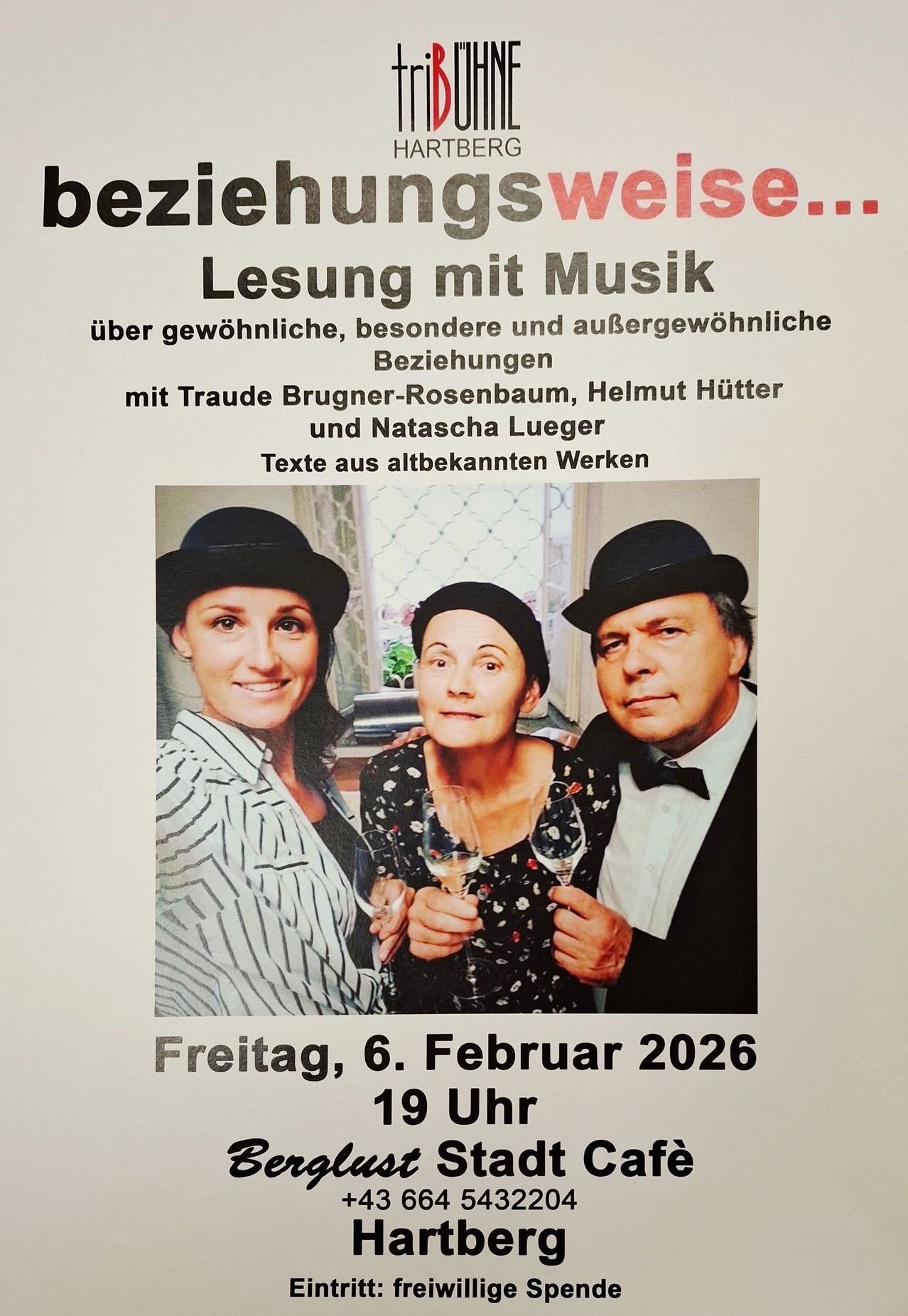 Poster for a reading event with music featuring Traude Brugner-Rosenbaum, Helmut Hütter, and Natascha Lueger. The event is about various relationships and features texts from well-known works. Scheduled for Friday, February 6, 2026, at 7 PM.