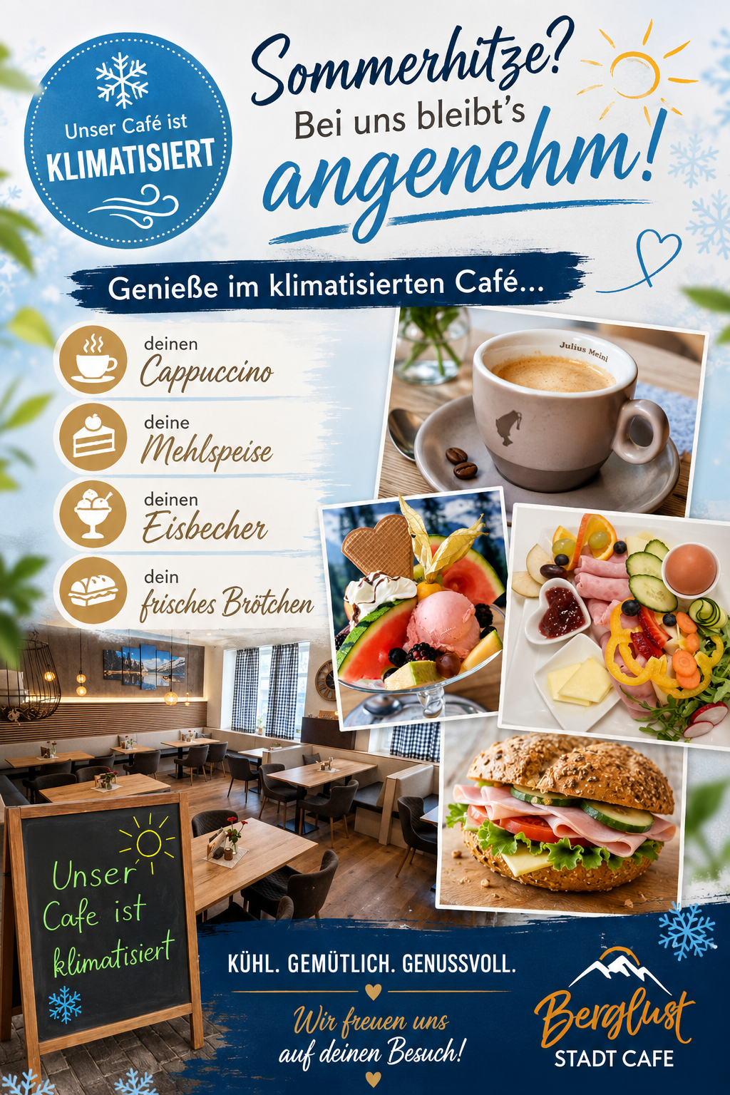 Werbung für ein Café. Es zeigt eine Tasse Kaffee, ein Sandwich, einen Nachtisch und einen Salat. Das Café ist klimatisiert.