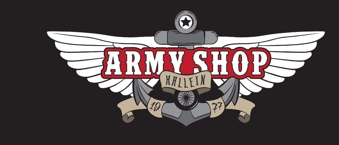 Das Logo von Army Shop Hallein zeigt einen stilisierten Anker mit Flügeln und einem Banner darunter mit den Jahren 1977 und 1977.