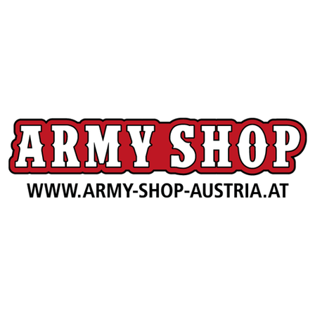 Army Shop Logo mit dem Text 'Army Shop' in Rot auf weißem Hintergrund und der Website-Adresse 'www.army-shop-austria.at' darunter.