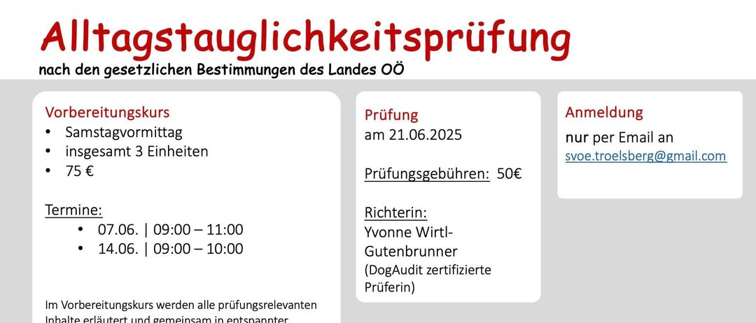 Plakat für einen Hundetrainingskurs mit Informationen zu Datum, Ort und Prüfungsgebühren. Der Kurs ist gesetzlich vorgeschrieben.