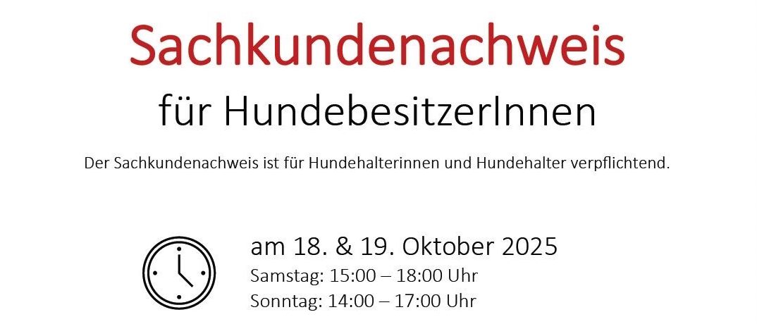 Der Sachkundenachweis ist für Hundehalterinnen und Hundehalter verpflichtend. Veranstaltung am 18. & 19. Oktober 2025 in Freistadt-Trolsberg. Samstag 15:00 – 18:00 Uhr, Sonntag 14:00 – 17:00 Uhr. Karin Haller (Tierärztin) und Lisa-Maria Bertignol (OKV-Trainerin). Anmeldung per E-Mail an svoe.treolsber@gmail.com erforderlich. Teilnehmerzahl begrenzt.