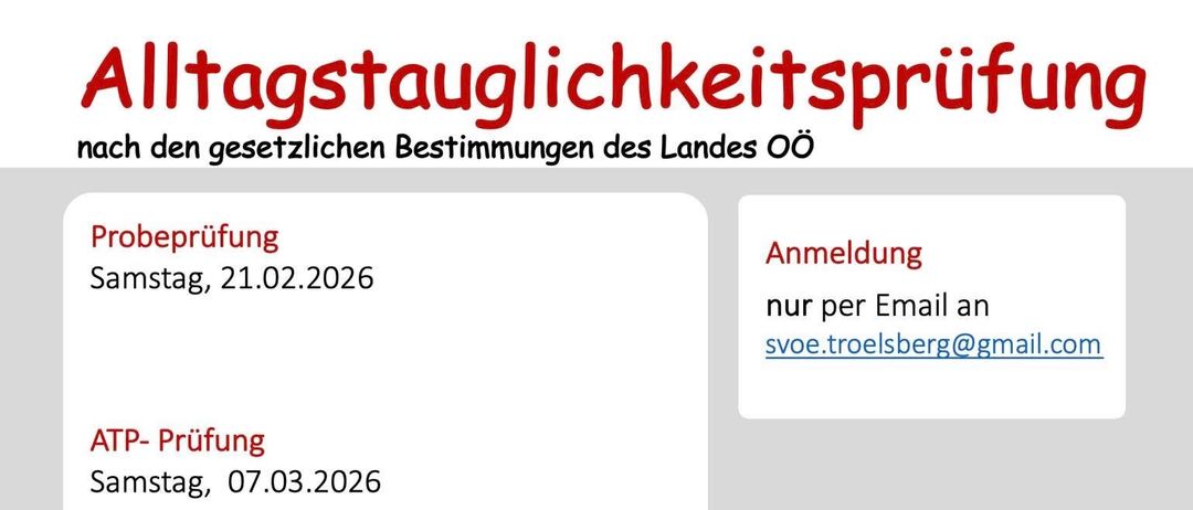 Plakat für die Prüfung der Hundeagilität. Zwei Termine sind angegeben: 21.02.2026 und 07.03.2026. Die Anmeldung erfolgt ausschließlich per E-Mail an svoe.troelsberg@gmail.com. Die Gebühr beträgt 50€. Kontaktinformationen für Freistadt-Troisberg sind angegeben. Ein Hundepfotenabdruck und ein Bild eines Hundes sind enthalten.